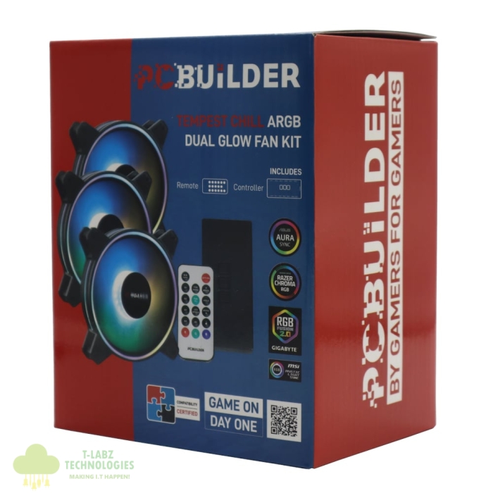 PCBuilder Tempest Chill Fan Kit 3x120MM Dual Glow ARGB Fan + Controller + RF Remote - Image 3