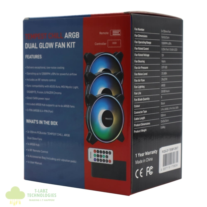 PCBuilder Tempest Chill Fan Kit 3x120MM Dual Glow ARGB Fan + Controller + RF Remote - Image 4